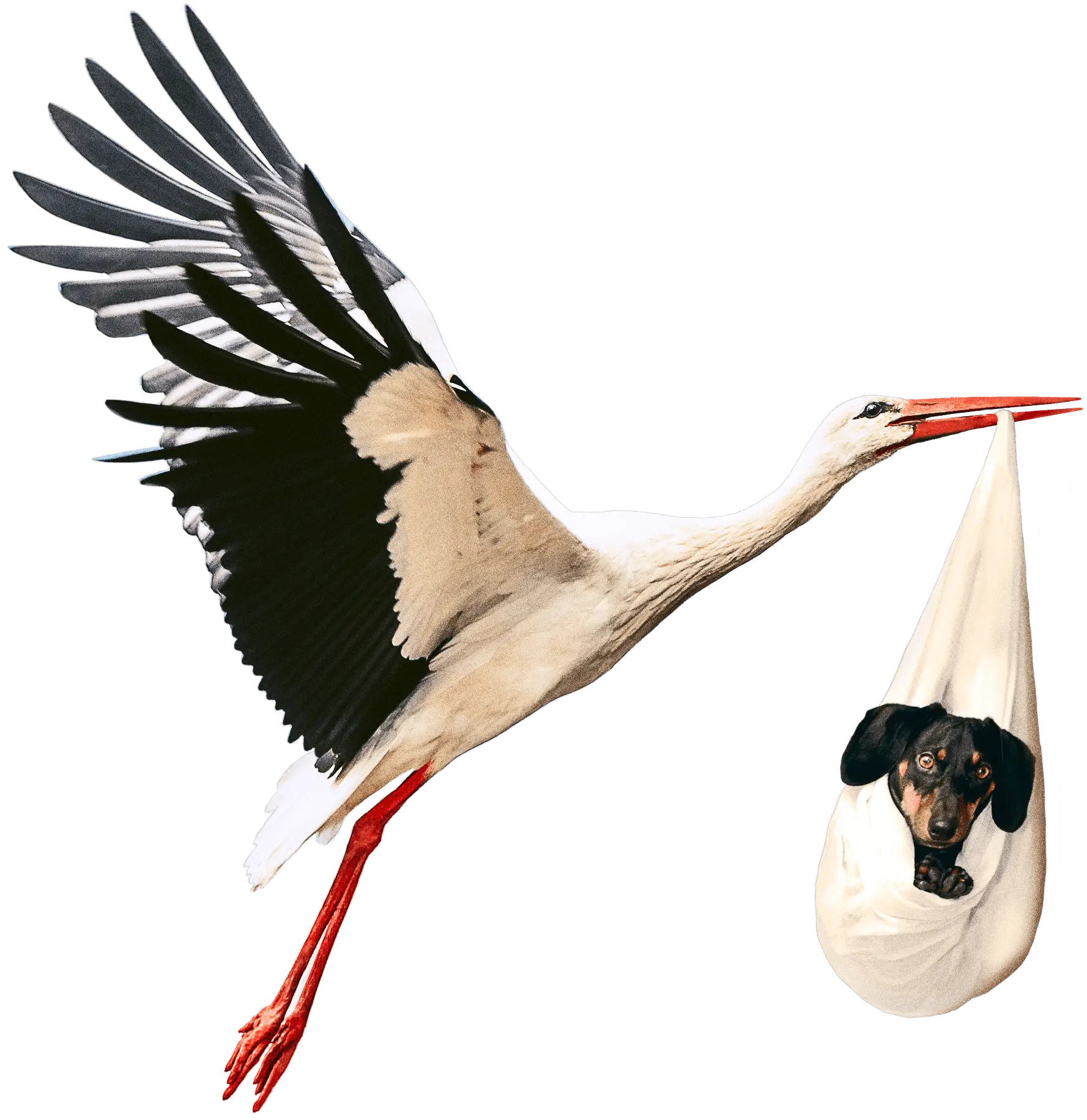 A flying crane carries a puppy in a diaper
